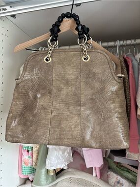 Taupe Textured Tote with Beaded Top Handle